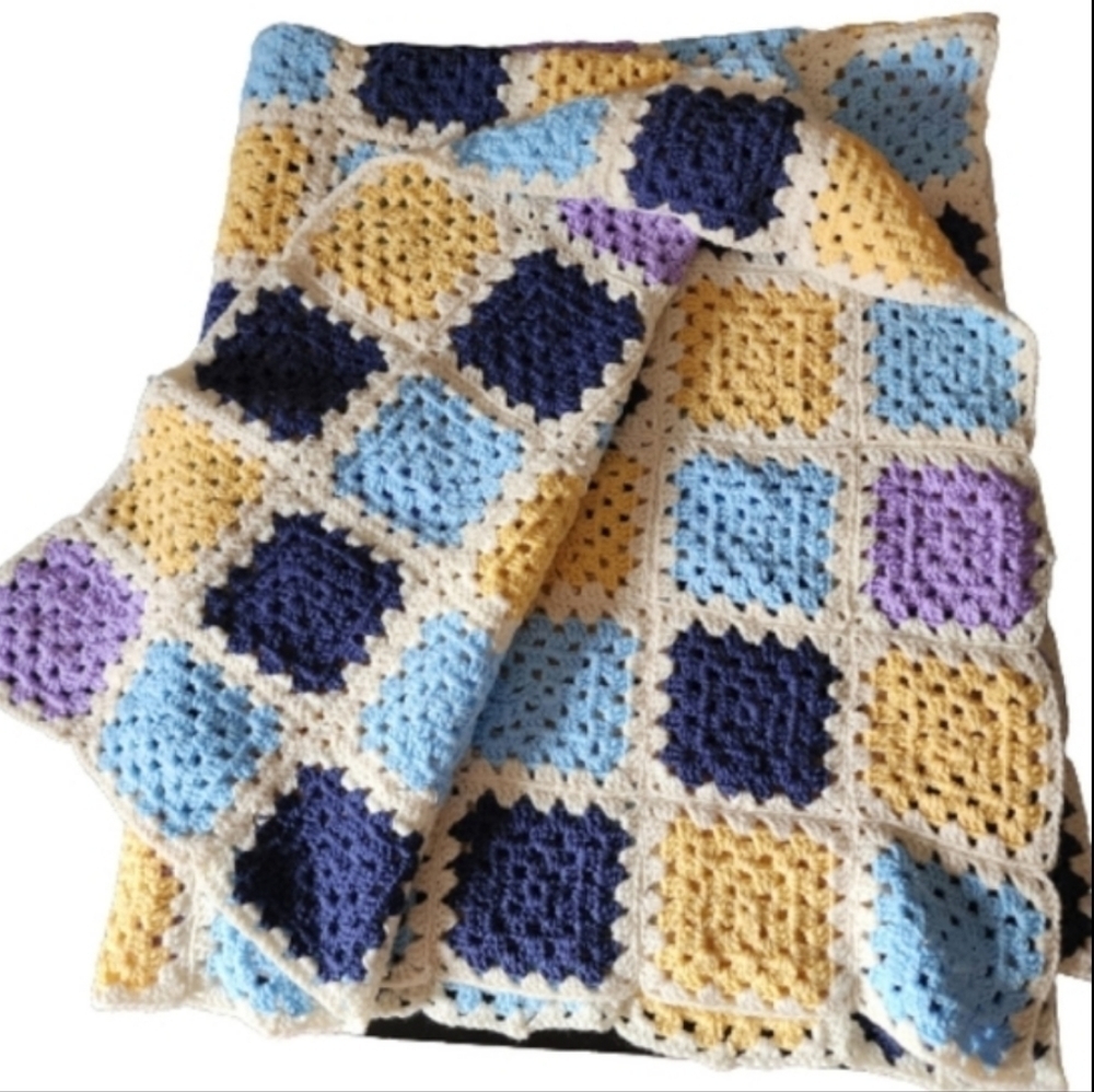 Vintage handmade patchwork crochet throw, blanket. Color multicolor